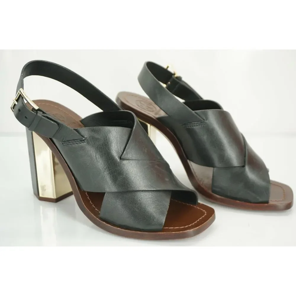 Tory Burch Black Leather Bleeker Wide Strappy Sandals Size 6.5 Hex Heel NIB